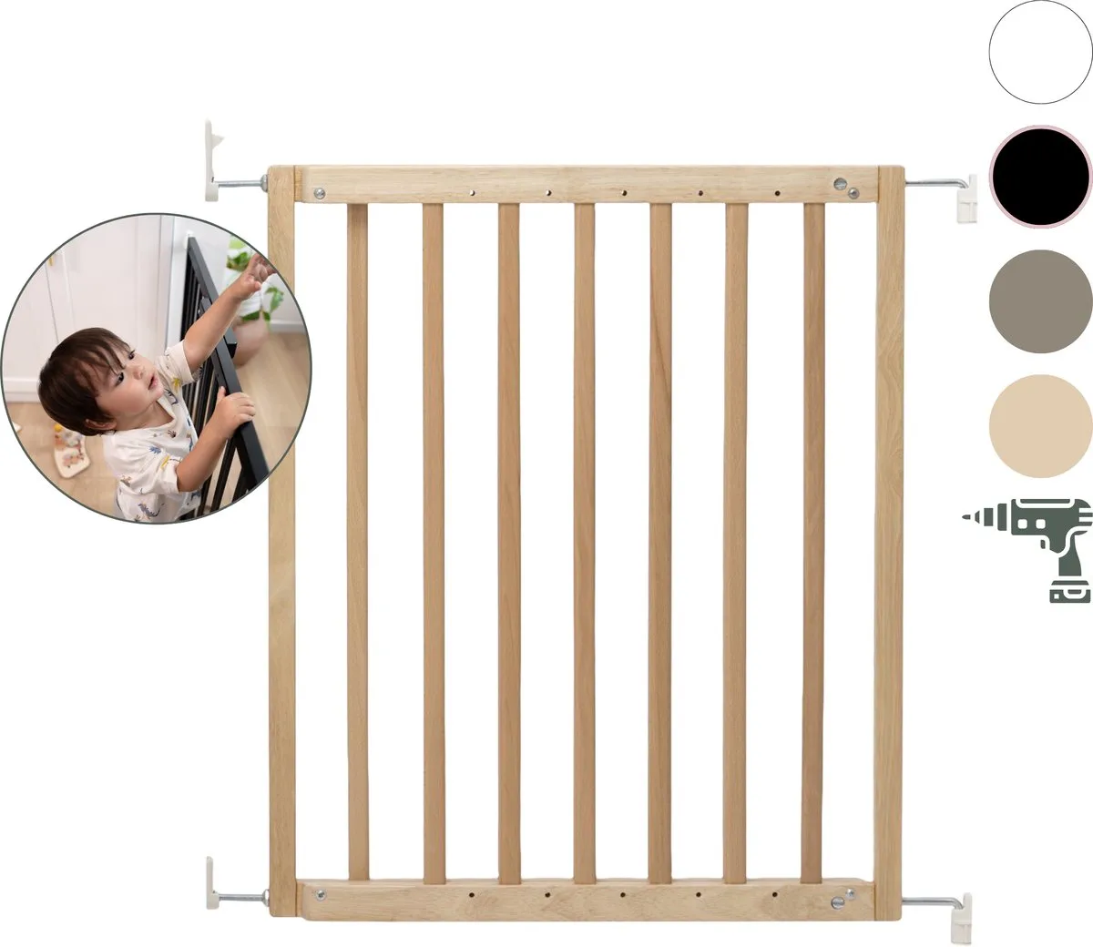 Traphekje - Maya veiligheidshekje - Houten Uitschuifbaar Traphekje - Schroefhekje met Boren - Veiligheidshekje met Muurbevestiging - Van 63.5 tot 105.5cm van Geuther in Eco – productfoto