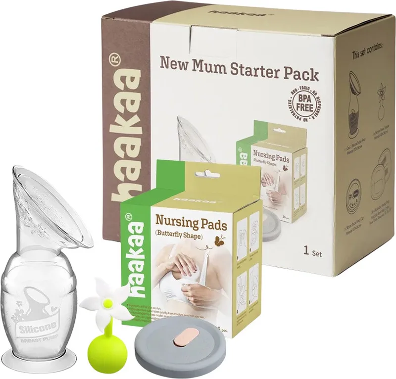 New Mum Starter Pack - Generatie 2 - Borstkolf 150 ml - Deksel - Afsluitbare bloem - Zoogcompressen van Haakaa in Transparant – productfoto