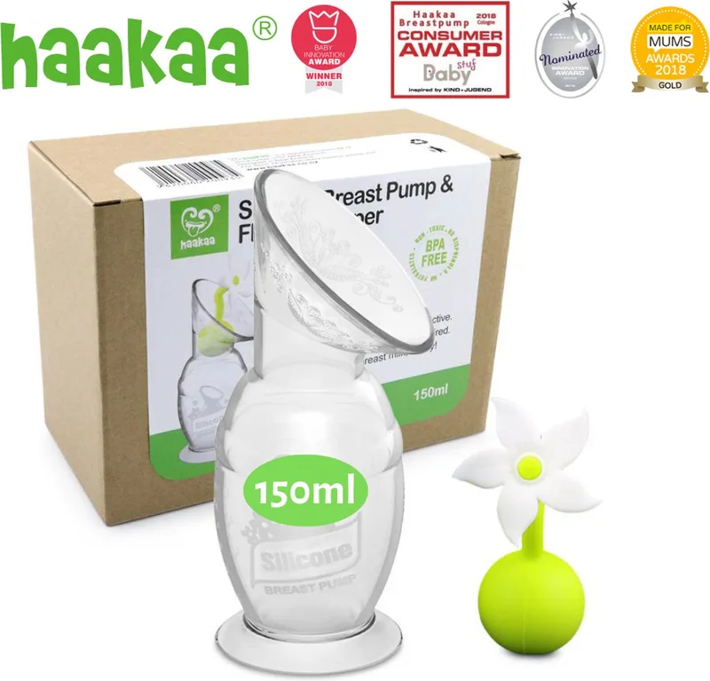 Siliconen Borstkolf - 150ml + Witte Bloem - Borstvoeding - Lekschaal van Haakaa in De stopper is wit en in de vorm van een witte bloem – productfoto