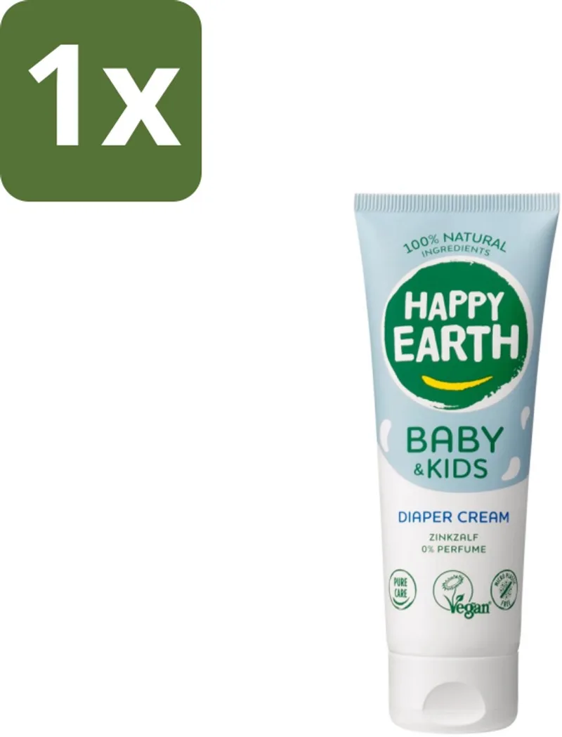 1 x Happy Earth – Diaper Cream – 100% Natuurlijk Baby & Kids – 75 ml - Baby Billen Crème - Luieruitslag Voorkomen - Gevoelige Huid - Zink Oxide Crème - Natuurlijke Baby Crème van Happy Earth – productfoto
