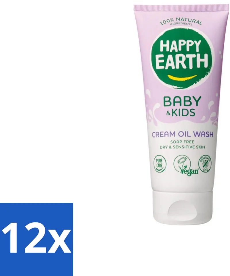 12 x Happy Earth – Cream Oil Wash – 100% Natuurlijk Baby & Kids – 200 ml - Babyolie - Gezichtsolie - Lichaamsoil - Natuurlijke Babyolie - Gezicht En Lichaam Verzorging fra Happy Earth – produktbillede
