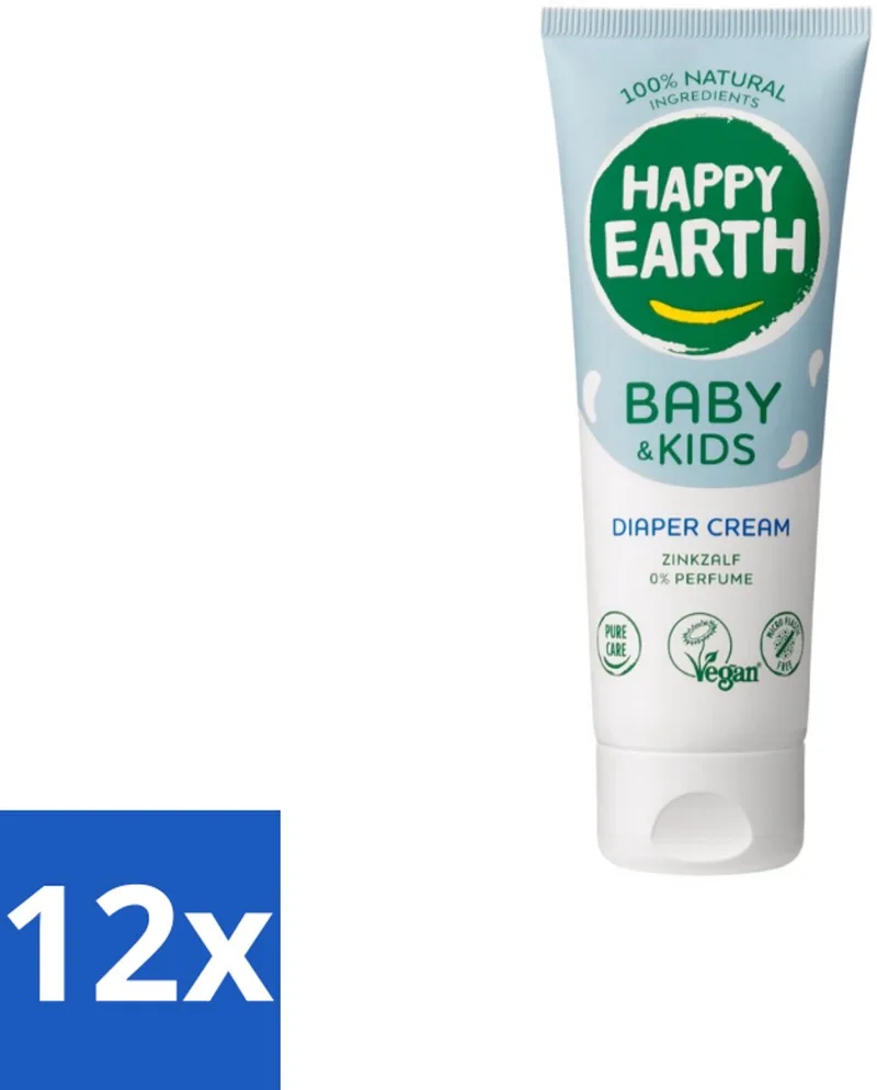12 x Happy Earth – Diaper Cream – 100% Natuurlijk Baby & Kids – 75 ml - Babybillenbescherming - Luieruitslag Voorkomen - Zachte Babyhuid - Zinkoxide Crème - Natuurrustende Crème fra Happy Earth – produktbillede