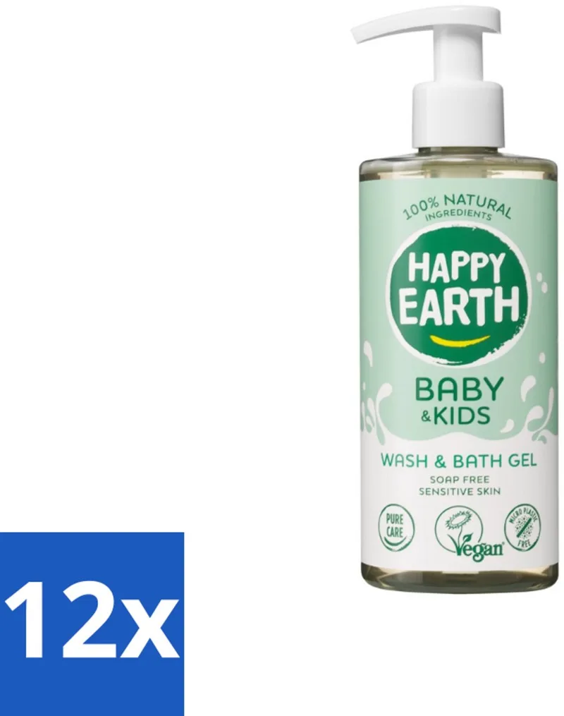 12 x Happy Earth – Was & Badgel – Zeepvrij Baby & Kids – 300 ml - Wasgel - Huidverzachter - Babywasgel - Natuurlijke Wasgel - Allergeenvrije Wasgel by Happy Earth – product photo