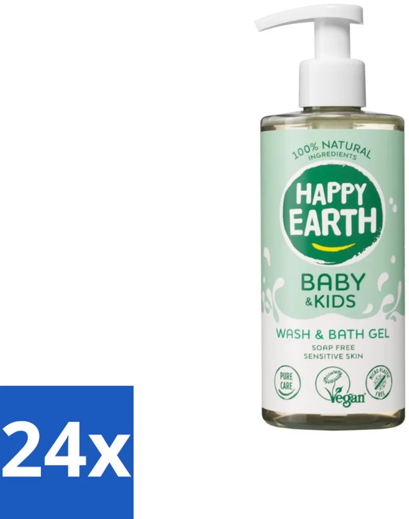 24 x Happy Earth – Was & Badgel – Zeepvrij Baby & Kids – 300 ml - Wasgel - Huidverzachter - Babywasgel - Natuurlijke Wasgel - Allergeenvrije Wasgel fra Happy Earth – produktbillede