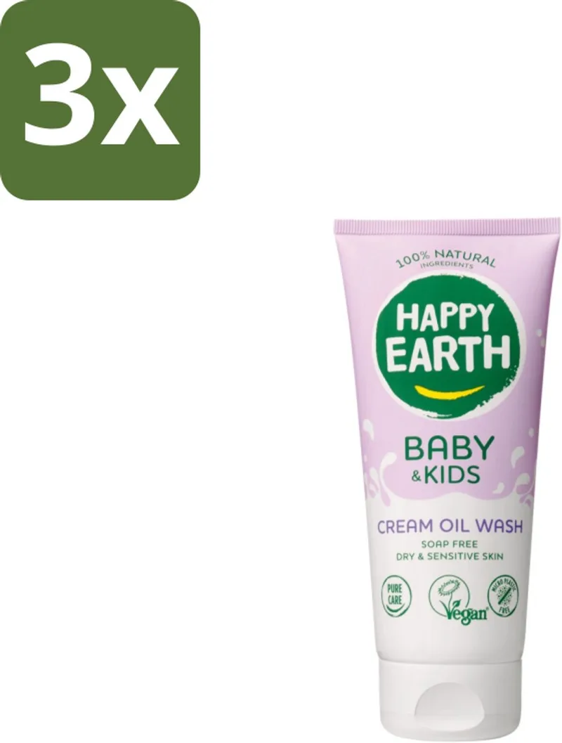 3 x Happy Earth – Cream Oil Wash – 100% Natuurlijk Baby & Kids – 200 ml - Babyolie - Gezichtsolie - Kinderhuidverzorging - Natuurlijke Babyolie - Gezicht En Lichaam Olie från Happy Earth – produktbild