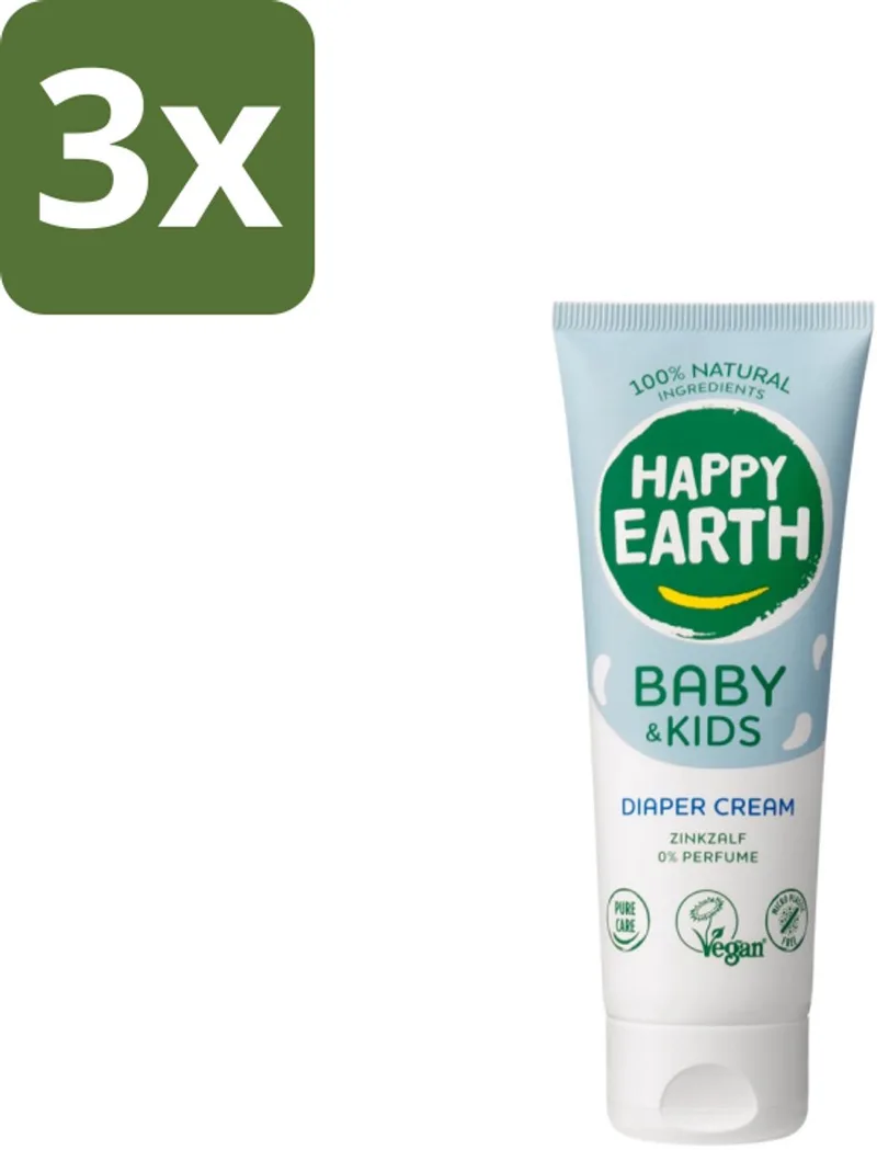 3 x Happy Earth – Diaper Cream – 100% Natuurlijk Baby & Kids – 75 ml - Baby Billen Crème - Luieruitslag Voorkomen - Gevoelige Huid - Zink Oxide Crème - Natuurlijke Baby Crème de Happy Earth – photo produit