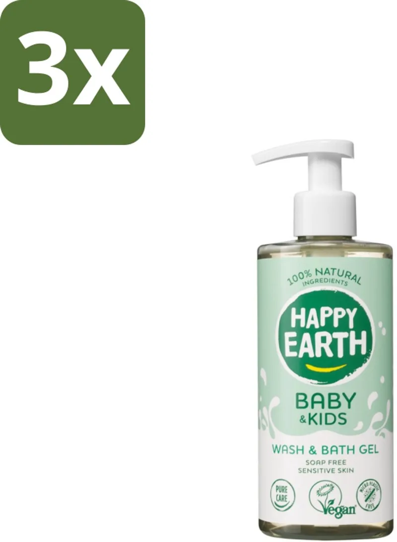 3 x Happy Earth – Was & Badgel – Zeepvrij Baby & Kids – 300 ml - Baby Wasgel - Zeepvrij Baby Wasgel - Huidverzachter - Allergeen Wasgel - 2-in-1 Wasgel by Happy Earth – product photo