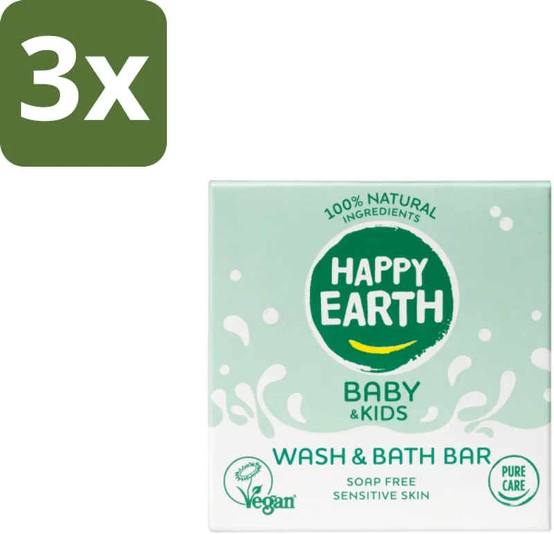 3 x Happy Earth – Wash & Bath Bar – 100% Natuurlijk Baby & Kids – 50 g - Baby Bad Bar - Natuurlijke Wasbar - Gevoelige Huid Verzorging - Zeepvrij Baby Was - Allergeen Baby Bad by Happy Earth – product photo