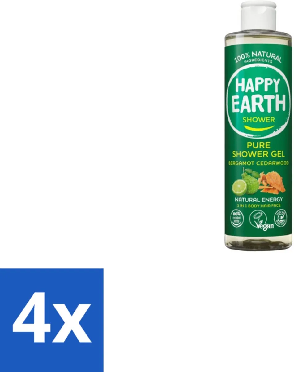 4 x Happy Earth – Douchegel – 100% Natuurlijk Bergamot Cedarwood – 300 ml - Douchegel Bergamot Cederhout - Natuurlijke Douchegel - Vegan Douchegel - Biologische Douchegel - Huidvriendelijke Douchegel van Happy Earth – productfoto