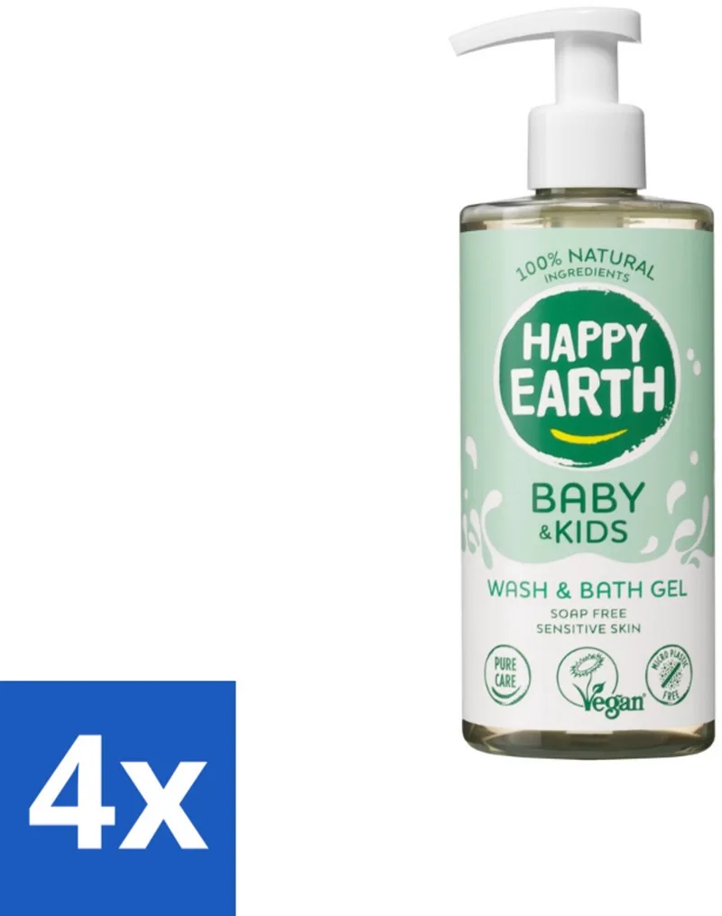 4 x Happy Earth – Was & Badgel – Zeepvrij Baby & Kids – 300 ml - Wasgel - Huidverzachter - Babywasgel - Natuurlijke Wasgel - Allergeenvrije Wasgel by Happy Earth – product photo