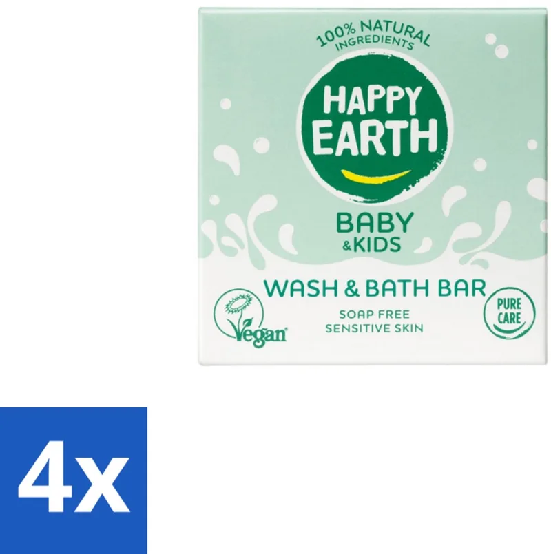 4 x Happy Earth – Wash & Bath Bar – 100% Natuurlijk Baby & Kids – 50 g - Baby Wasbar - Kind Badbar - Natuurlijke Wasbar - Zeepvrije Wasbar - Mild Wasbar fra Happy Earth – produktbillede