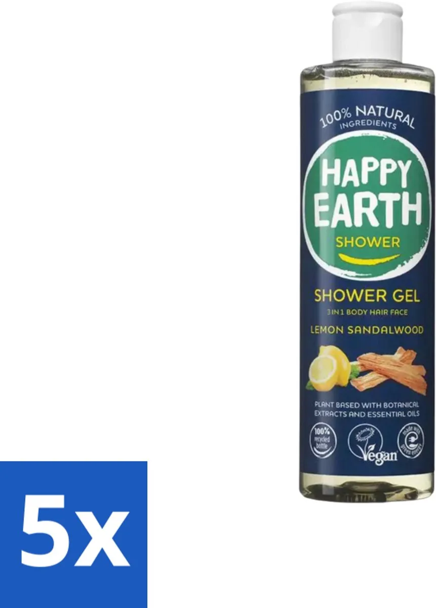 5 x Happy Earth – Douchegel – 100% Natuurlijk Men Protect – 300 ml - Douchegel Mannen - Natuurlijke Douchegel - Vegan Douchegel - 3-in-1 Douchegel - Gezichtsreiniging de Happy Earth – photo produit