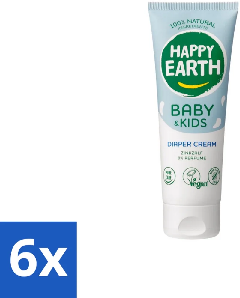 6 x Happy Earth – Diaper Cream – 100% Natuurlijk Baby & Kids – 75 ml - Babybillenbescherming - Luieruitslag Voorkomen - Zachte Babyhuid - Zinkoxide Crème - Natuurrustende Crème by Happy Earth – product photo