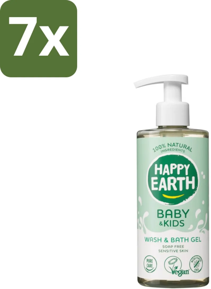 7 x Happy Earth – Was & Badgel – Zeepvrij Baby & Kids – 300 ml - Baby Wasgel - Zeepvrij Baby Wasgel - Huidverzachter - Allergeen Wasgel - 2-in-1 Wasgel van Happy Earth – productfoto