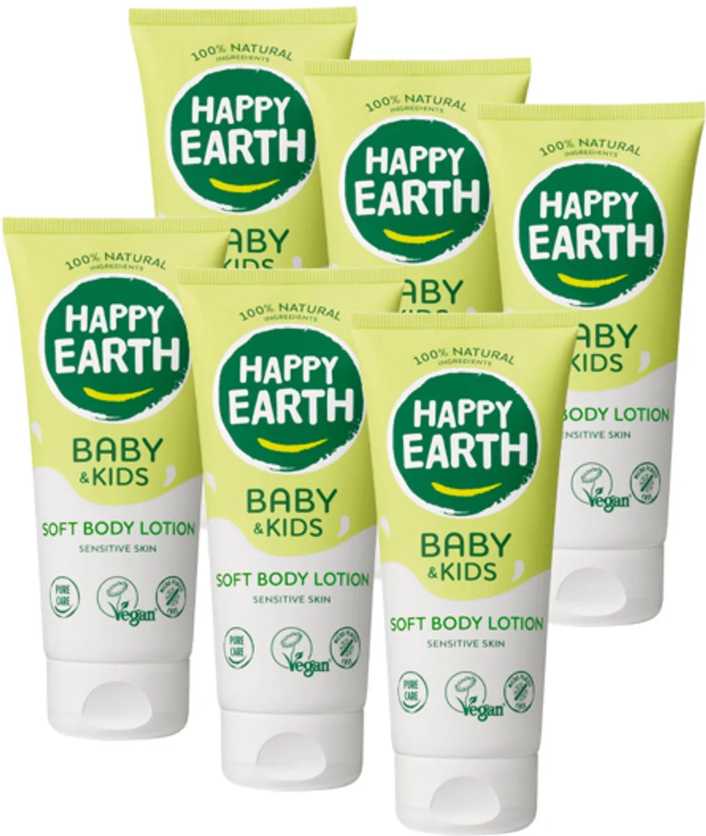 Body Lotion - Baby & Kids - 100% Natuurlijk - Voor Droge & Gevoelige Babyhuid - Vanaf Geboorte - 6 x 200 ml fra Happy Earth – produktbillede