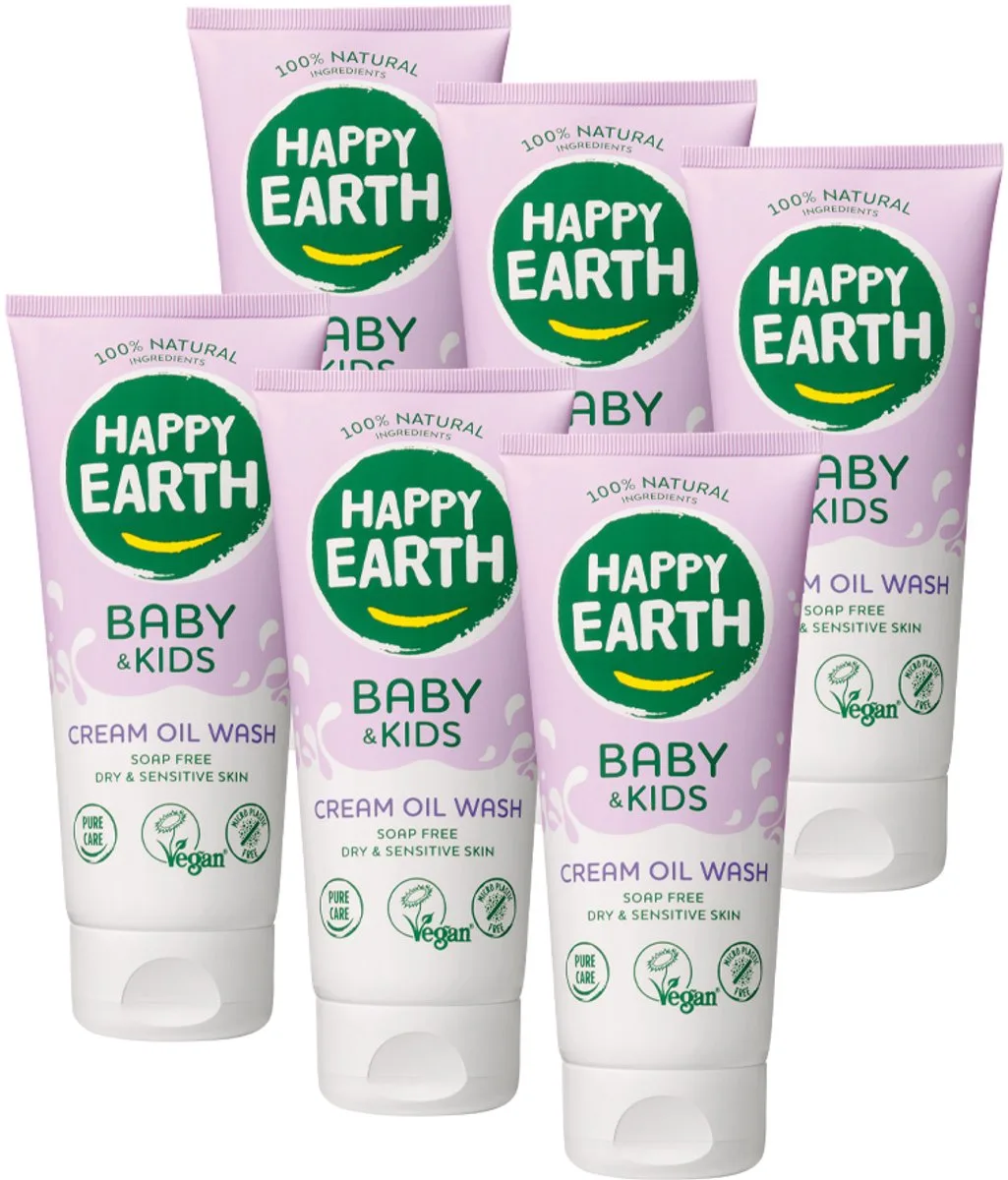 Crème Olie Wasgel - Baby & Kids - 100% Natuurlijk - Zeepvrij - Vanaf Geboorte - 6 x 200 ml von Happy Earth – Produktfoto