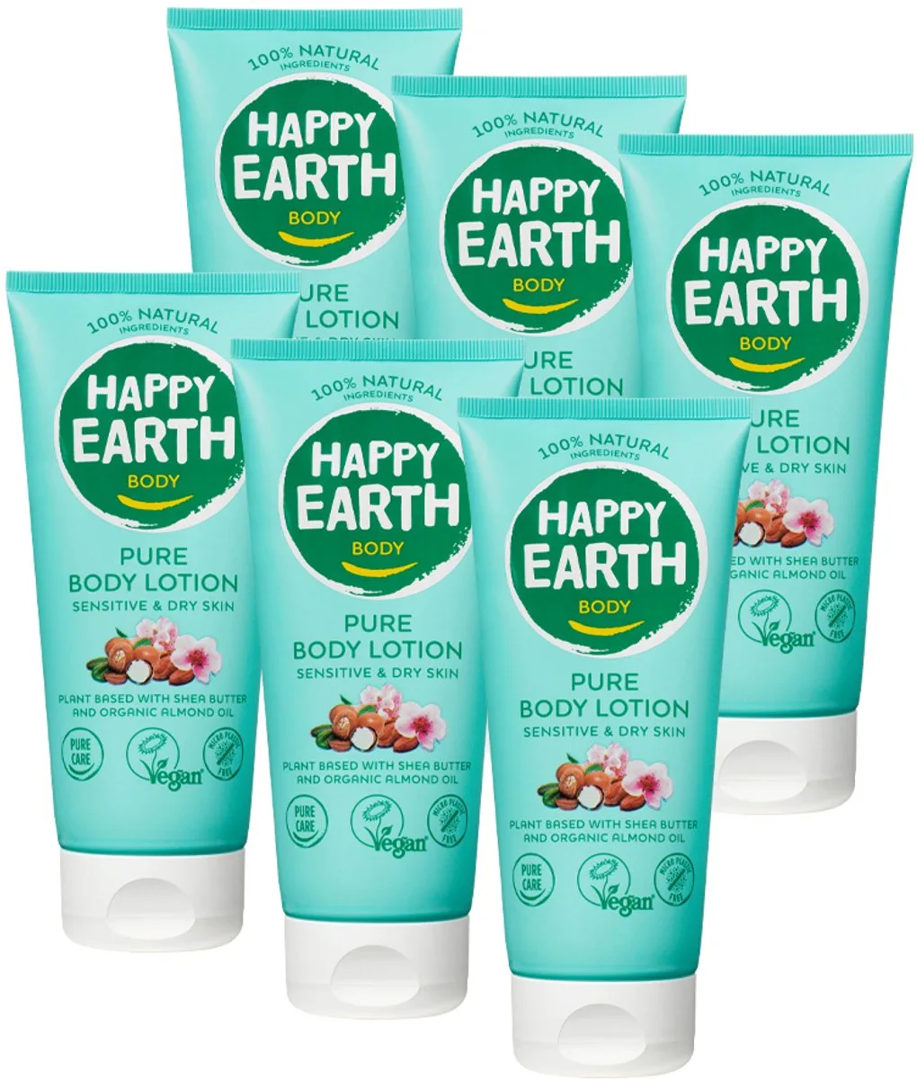 Zachte Body Lotion - 100% Natuurlijk - Droge & Gevoelige Huid - Vegan - 6 x 200 ml von Happy Earth – Produktfoto