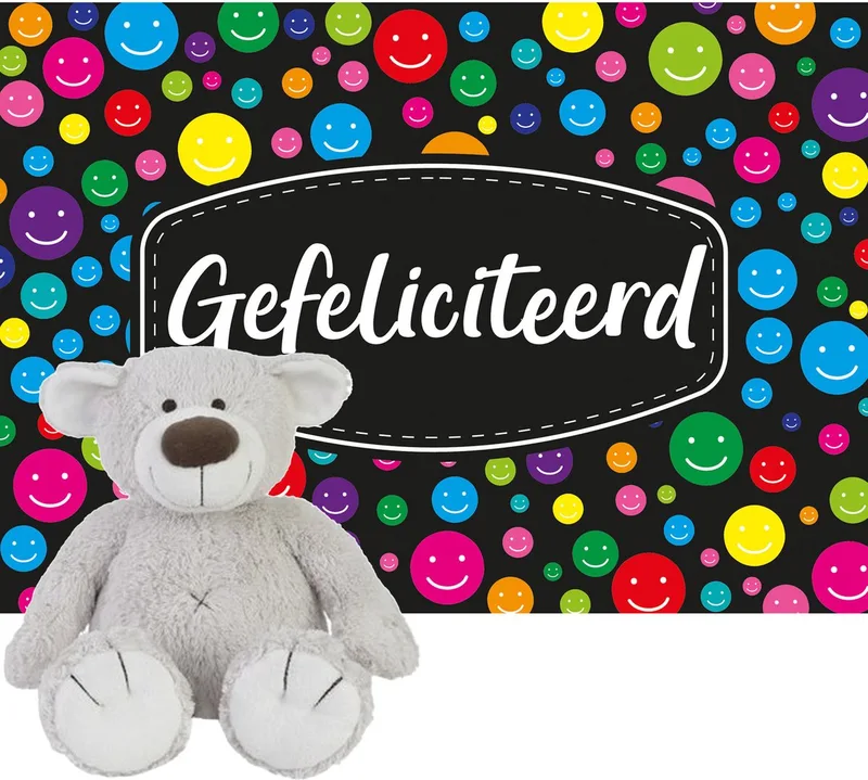 beer Baggio knuffel 22 cm met Gefeliciteerd A5 wenskaart by Happy Horse in Grey – product photo