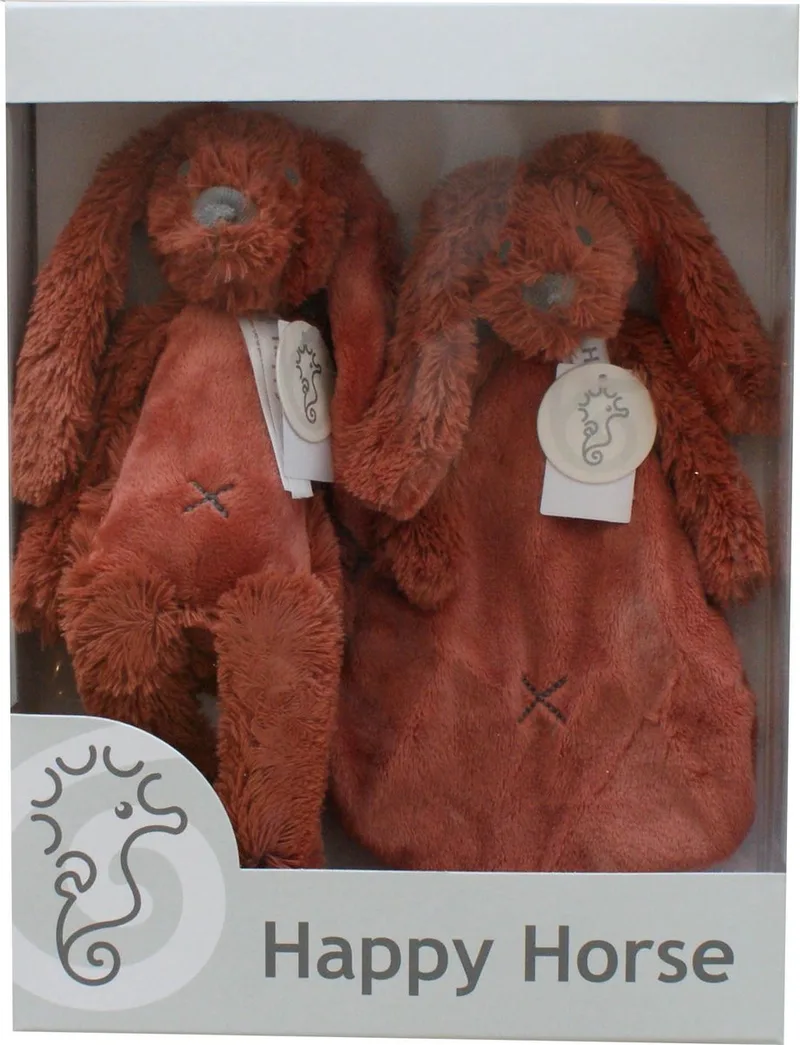 Geschenkverpakking Konijn Richie Rusty Knuffel no. 1 - 28 cm / Knuffeldoekje - 33 cm - Kraamcadeau van Happy Horse in Roestbruin – productfoto