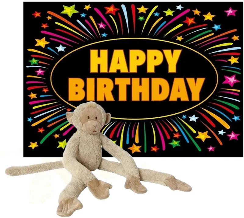 knuffel aap - 85 cm - met een verjaardag wenskaart - happy birthday - versturen van Happy Horse in Meerkleurig – productfoto