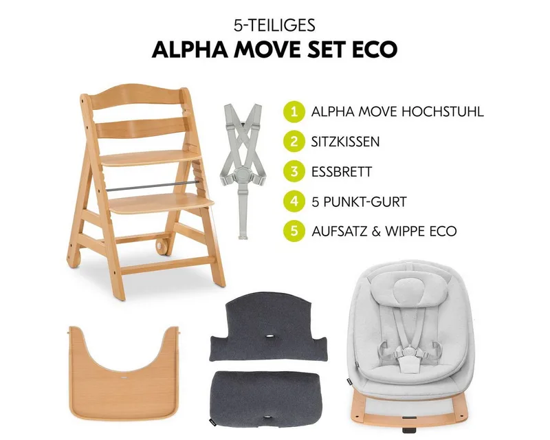 Hochstuhl Alpha Move Natur Newborn Set Eco - Natur, Holz Babystuhl ab Geburt mit Neugeborenensufsatz, Sitzkissen, Essbrett by Hauck – product photo 2 of 3