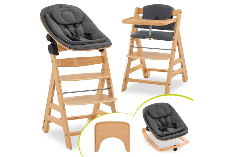 Hochstuhl Alpha Move Newborn Set Eco - Deep Grey - Natur, Holz Babystuhl ab Geburt mit Neugeborenensufsatz, Sitzkissen, Essbrett van Hauck – productfoto 1 van 5