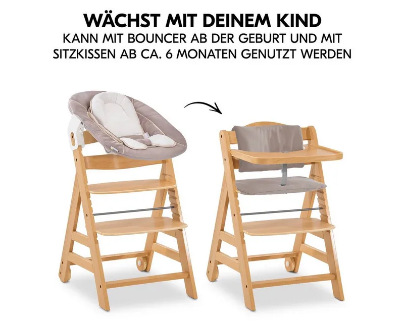 Hochstuhl Alpha Move Newborn Set - Natur, Holz Babystuhl ab Geburt mit Neugeborenenaufsatz, Sitzkissen, Essbrett von Hauck – Produktfoto 3 von 5