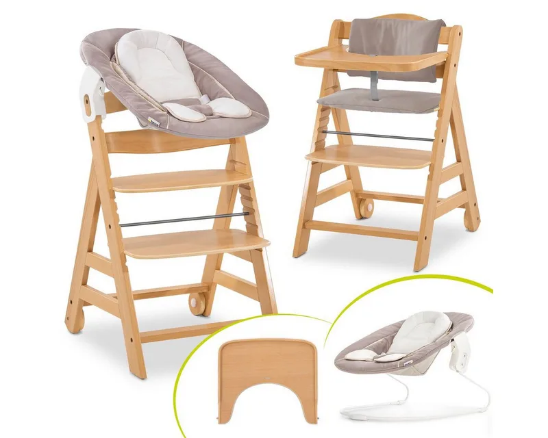 Hochstuhl Alpha Move Newborn Set - Natur, Holz Babystuhl ab Geburt mit Neugeborenenaufsatz, Sitzkissen, Essbrett by Hauck – product photo