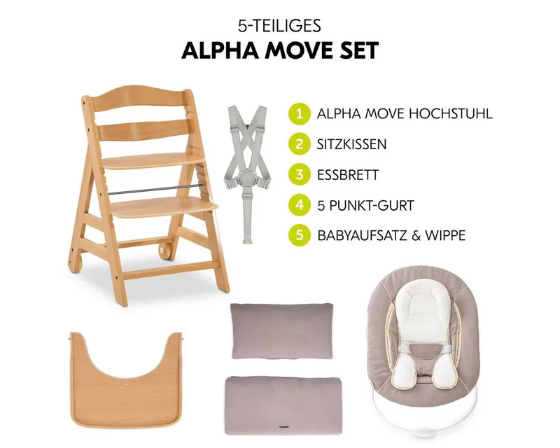 Hochstuhl Alpha Move Newborn Set - Natur, Holz Babystuhl ab Geburt mit Neugeborenenaufsatz, Sitzkissen, Essbrett von Hauck – Produktfoto 2 von 5