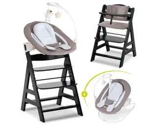Hochstuhl Alpha Plus Black Newborn Set Deluxe, Holz Babystuhl ab Geburt inkl. Aufsatz für Neugeborene & Sitzauflage von Hauck in Schwarz – Produktfoto 1 von 5