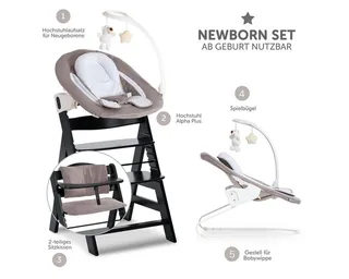 Hochstuhl Alpha Plus Black Newborn Set Deluxe, Holz Babystuhl ab Geburt inkl. Aufsatz für Neugeborene & Sitzauflage von Hauck in Schwarz – Produktfoto 2 von 5
