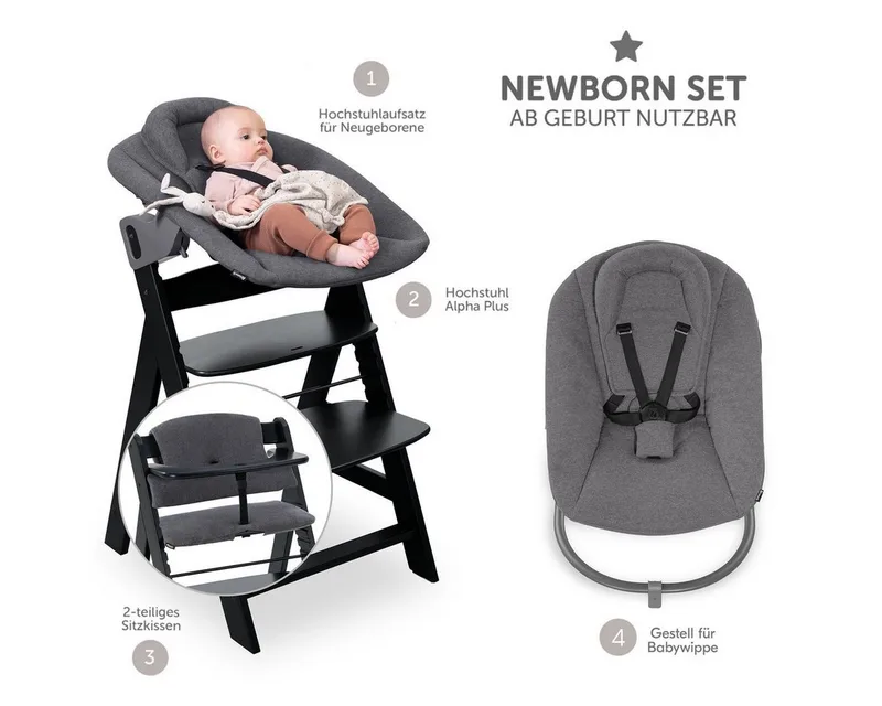 Hochstuhl Alpha Plus Black Newborn Set Premium, Holz Babystuhl ab Geburt inkl. Aufsatz für Neugeborene & Sitzauflage by Hauck in Black – product photo 2 of 5