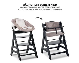 Hochstuhl Alpha Plus Black Newborn Set - Stretch Beige (Set), Holz Babystuhl ab Geburt inkl. Aufsatz für Neugeborene & Sitzauflage von Hauck in Schwarz – Produktfoto 4 von 5