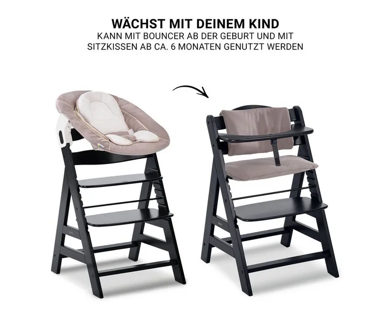 Hochstuhl Alpha Plus Black Newborn Set - Stretch Beige (Set), Holz Babystuhl ab Geburt inkl. Aufsatz für Neugeborene & Sitzauflage von Hauck in Schwarz – Produktfoto 4 von 5