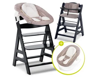 Hochstuhl Alpha Plus Black Newborn Set - Stretch Beige (Set), Holz Babystuhl ab Geburt inkl. Aufsatz für Neugeborene & Sitzauflage von Hauck in Schwarz – Produktfoto 1 von 5