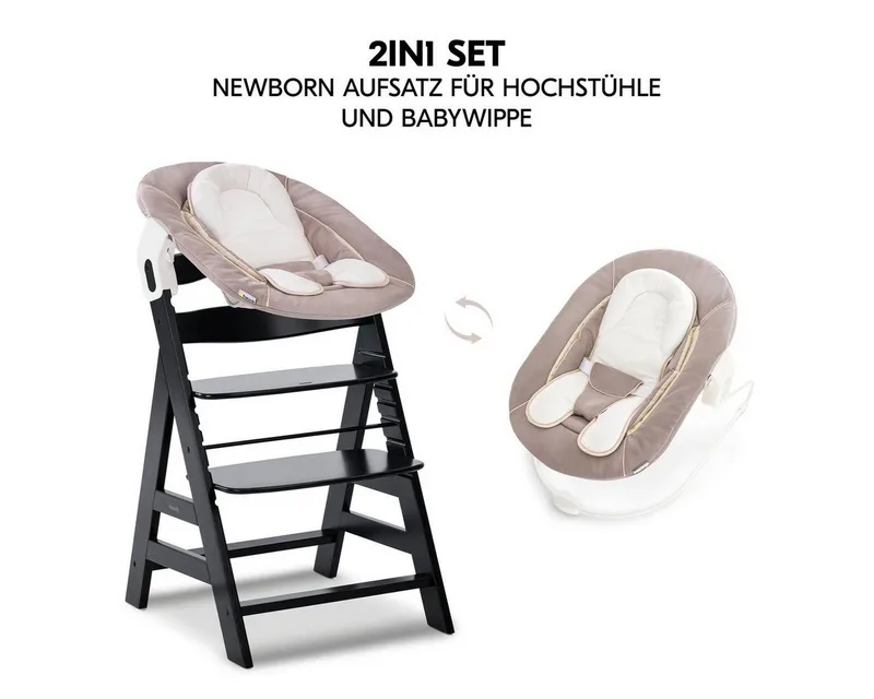 Hochstuhl Alpha Plus Black Newborn Set - Stretch Beige (Set), Holz Babystuhl ab Geburt inkl. Aufsatz für Neugeborene & Sitzauflage von Hauck in Schwarz – Produktfoto 5 von 5