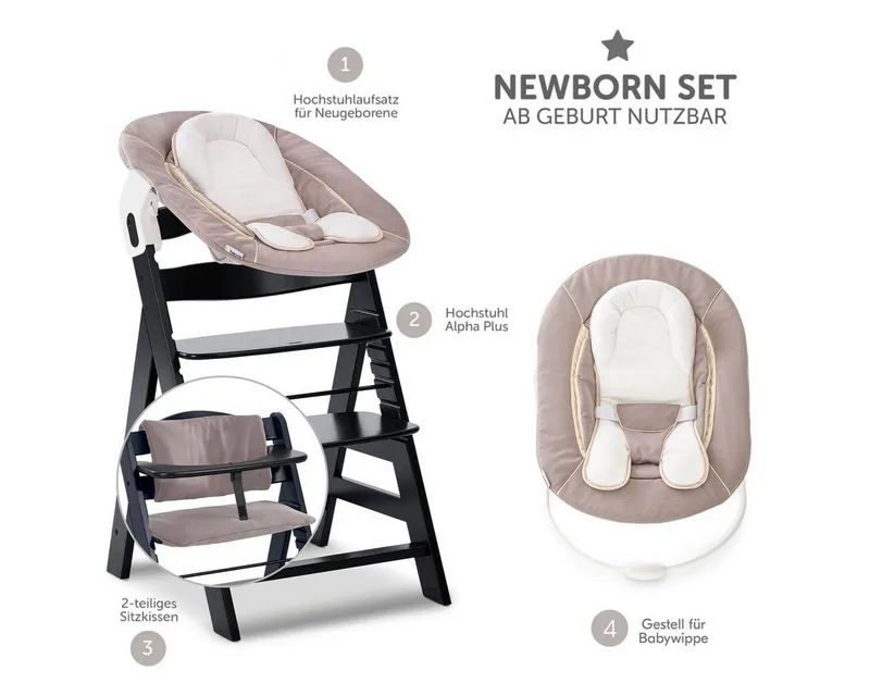 Hochstuhl Alpha Plus Black Newborn Set - Stretch Beige (Set), Holz Babystuhl ab Geburt inkl. Aufsatz für Neugeborene & Sitzauflage von Hauck in Schwarz – Produktfoto 2 von 5