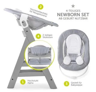Hochstuhl Alpha Plus Grey Newborn Set (Set, 4 St), Holz Babystuhl ab Geburt inkl. Aufsatz für Neugeborene & Sitzauflage von Hauck in Grau – Produktfoto 2 von 3