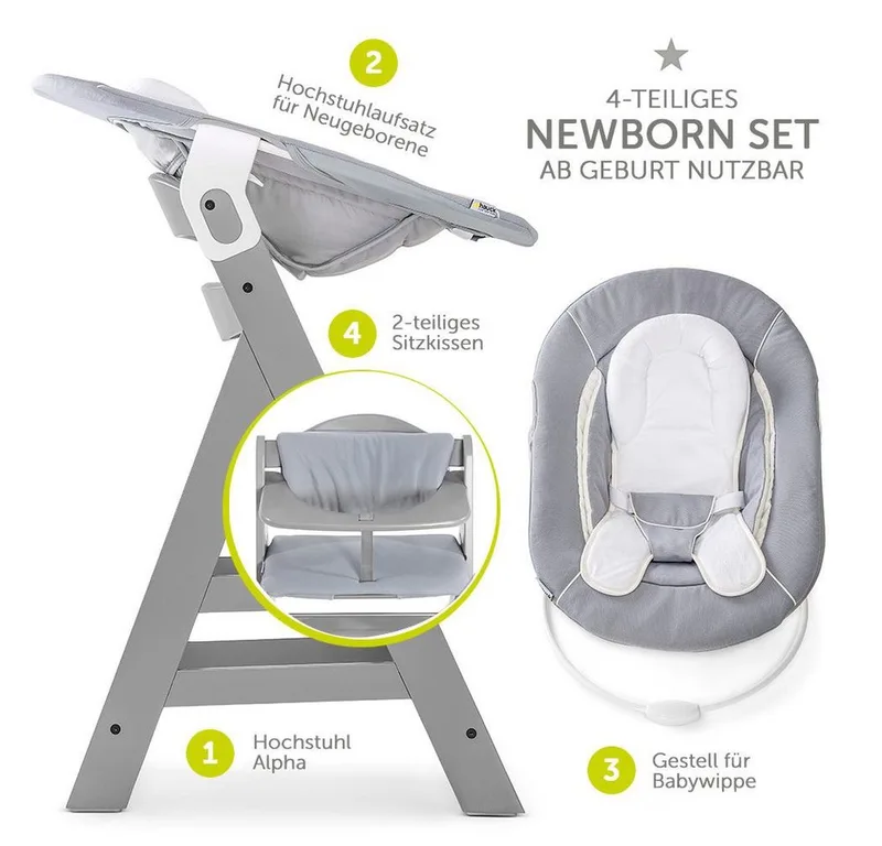 Hochstuhl Alpha Plus Grey Newborn Set (Set, 4 St), Holz Babystuhl ab Geburt inkl. Aufsatz für Neugeborene & Sitzauflage von Hauck in Grau – Produktfoto 2 von 3