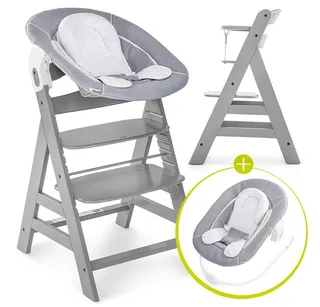 Hochstuhl Alpha Plus Grey - Newborn Set (Set, 4 St), Holz Babystuhl ab Geburt mit Aufsatz für Neugeborene höhenverstellbar von Hauck in Grau – Produktfoto 1 von 3