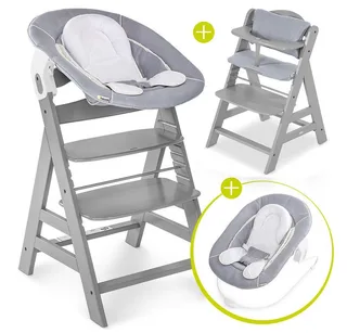 Hochstuhl Alpha Plus Grey Newborn Set (Set, 4 St), Holz Babystuhl ab Geburt inkl. Aufsatz für Neugeborene & Sitzauflage von Hauck in Grau – Produktfoto 1 von 3