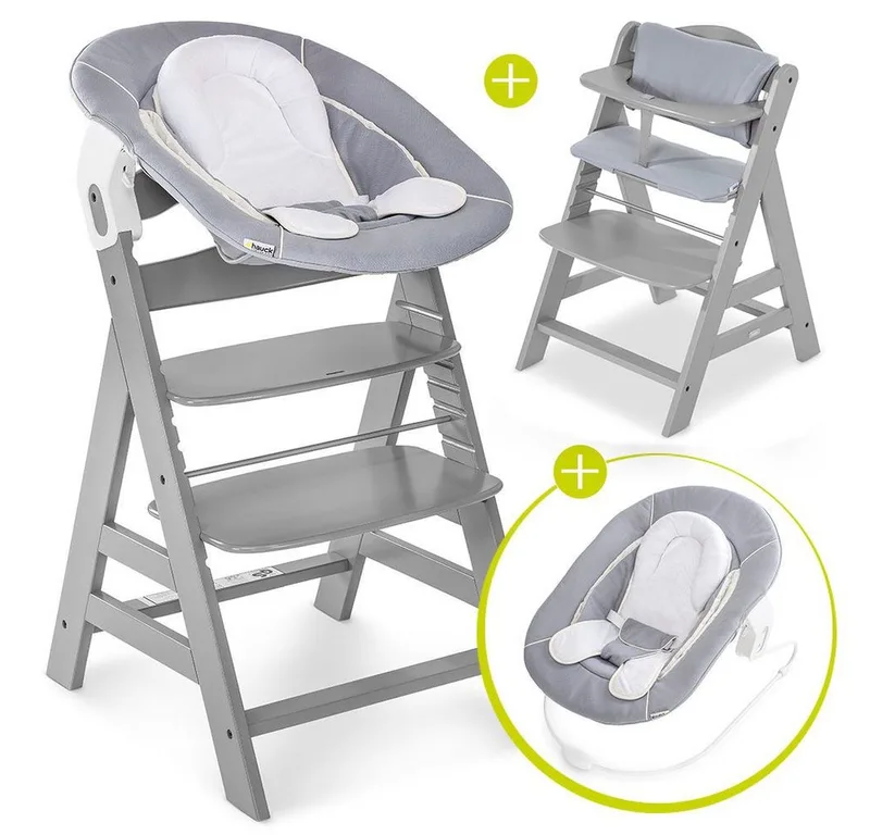 Hochstuhl Alpha Plus Grey Newborn Set (Set, 4 St), Holz Babystuhl ab Geburt inkl. Aufsatz für Neugeborene & Sitzauflage från Hauck i Grau – produktbild