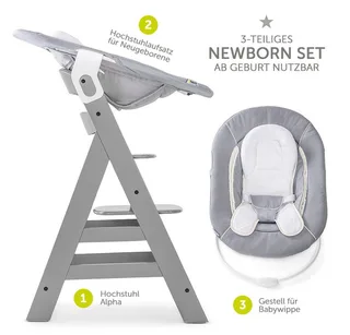 Hochstuhl Alpha Plus Grey - Newborn Set (Set, 4 St), Holz Babystuhl ab Geburt mit Aufsatz für Neugeborene höhenverstellbar von Hauck in Grau – Produktfoto 2 von 3