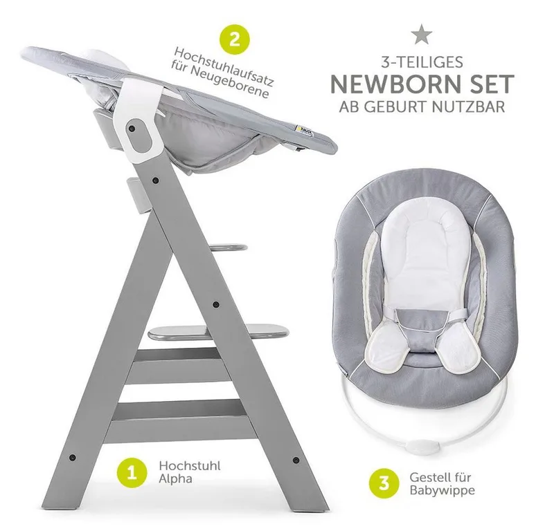 Hochstuhl Alpha Plus Grey - Newborn Set (Set, 4 St), Holz Babystuhl ab Geburt mit Aufsatz für Neugeborene höhenverstellbar von Hauck in Grau – Produktfoto 2 von 3