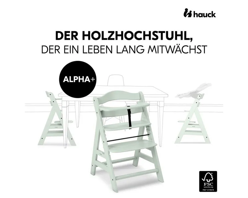 Hochstuhl Alpha Plus - Mint, Mitwachsender Holz Babystuhl Kinderhochstuhl mit Gurt FSC zertifiziert by Hauck in Green – product photo 2 of 5