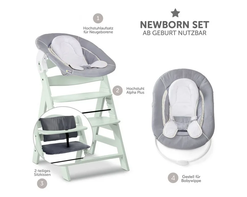 Hochstuhl Alpha Plus Mint - Newborn Set, Holz Babyhochstuhl ab Geburt inkl. Neugeborenenaufsatz & Sitzauflage by Hauck in Green – product photo 2 of 5