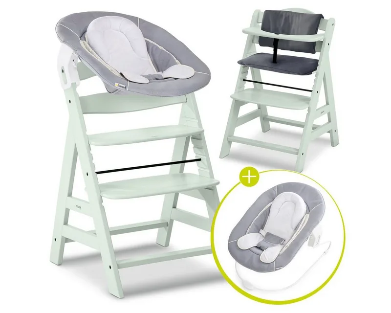 Hochstuhl Alpha Plus Mint - Newborn Set, Holz Babyhochstuhl ab Geburt inkl. Neugeborenenaufsatz & Sitzauflage by Hauck in Grün – product photo