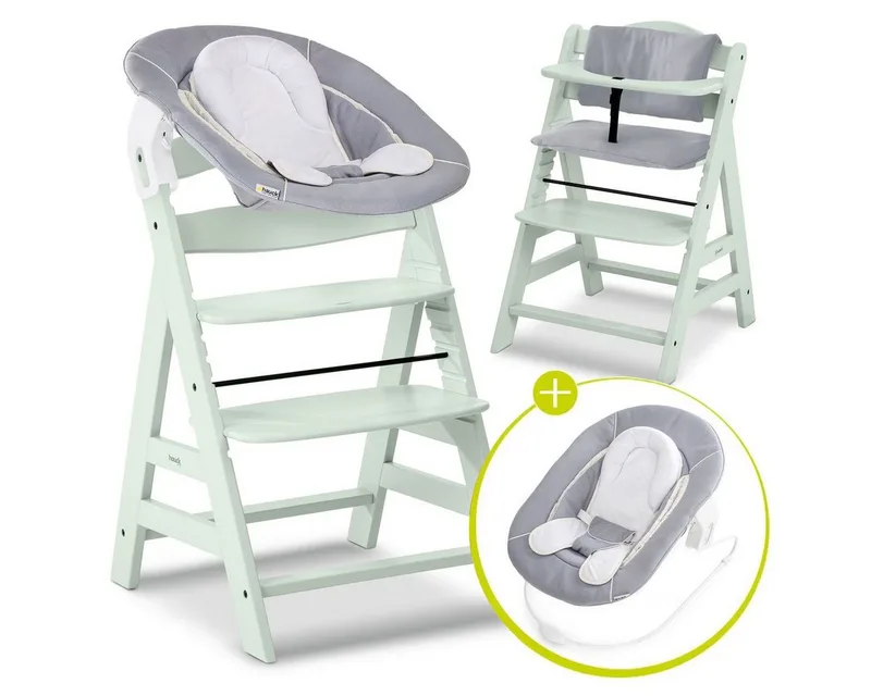 Hochstuhl Alpha Plus Mint Newborn Set - Stretch Grey (Set), Holz Babyhochstuhl ab Geburt inkl. Neugeborenenaufsatz & Sitzauflage från Hauck i Grün – produktbild