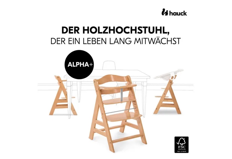 Hochstuhl Alpha Plus, Mitwachsender Holz Kinderhochstuhl mit Gurt, Schutzbügel & Sitzauflage by Hauck in Beige – product photo 2 of 5