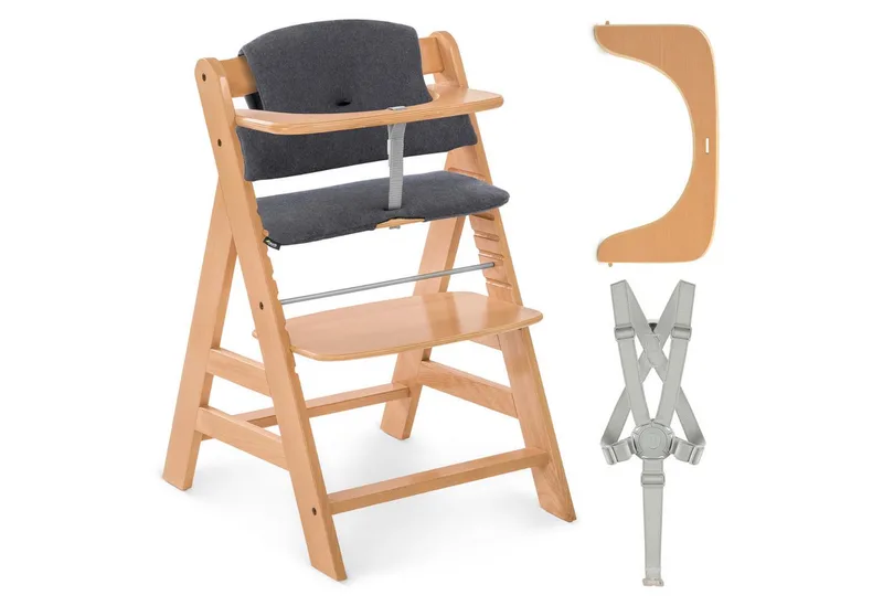 Hochstuhl Alpha Plus, Mitwachsender Holz Kinderhochstuhl mit Gurt, Schutzbügel & Sitzauflage by Hauck in Beige – product photo